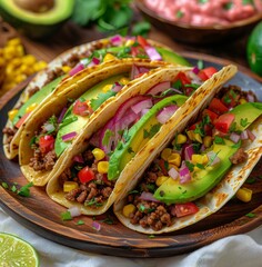 Wall Mural - Delicious Ground Beef Tacos With Avocado, Onion, and Tomato