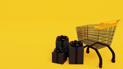 Canvas Print - Shopping cart and gift box 3d render illustration for sale promotion background