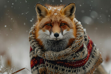 Wall Mural - A red fox, wrapped snugly in a colorful knitted scarf, stands amid gently falling snow, its gaze intense and fur dusted with delicate snowflakes