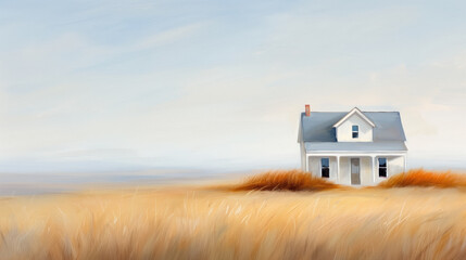 Wall Mural - Impressionist-style painting of a solitary white house with a blue roof, set in a vast field of golden grasses under a pale blue sky, evoking a sense of solitude and tranquility.