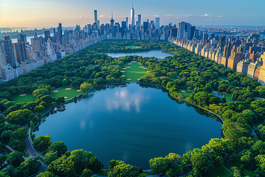 Stunning aerial view captures Central Park's lush greenery, serene lakes, and expansive lawns, framed by New York City's towering skyscrapers under a vibrant blue sky