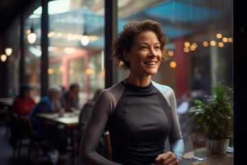 Wall Mural - Portrait of a happy woman in her 40s sporting a breathable mesh jersey isolated on bustling city cafe
