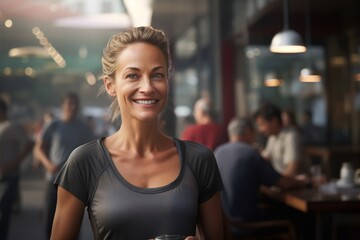 Portrait of a happy woman in her 40s sporting a breathable mesh jersey in front of bustling city cafe