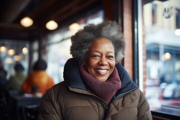 Wall Mural - Portrait of a cheerful afro-american woman in her 60s wearing a windproof softshell in bustling city cafe