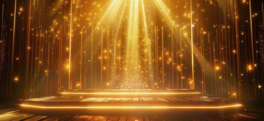 A podium bathed in golden light lamps, set against a backdrop of radiant rays and sparks, illuminating the essence of excellence and celebration on this prestigious award stage