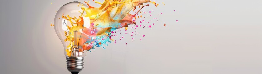 Creative light bulb with colorful splash on white background, representing innovation, imagination, and creativity in abstract form.