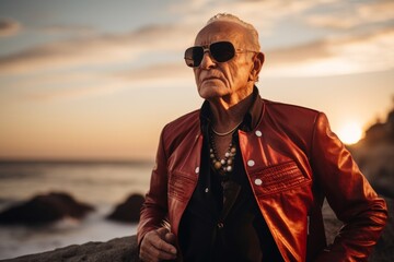 Wall Mural - Portrait of a merry man in his 80s sporting a stylish leather blazer over beautiful beach sunset
