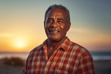 Wall Mural - Portrait of a content afro-american man in his 60s dressed in a relaxed flannel shirt isolated on beautiful beach sunset