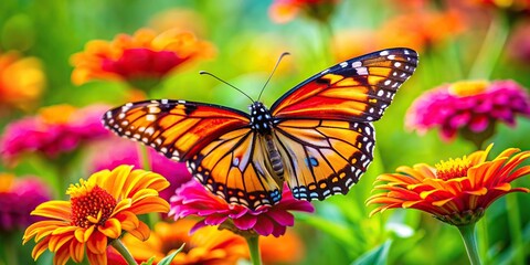 Wall Mural - Close-up photo of a vibrant butterfly resting on a colorful flower in a lush green meadow, nature, wildlife, insect, butterfly