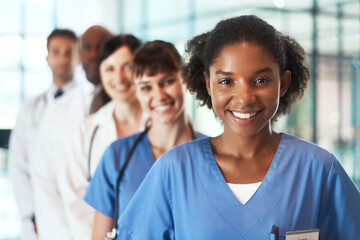 Poster - Portrait, happy people and team of nurses in clinic for healthcare services, career or about us. Leadership, medical professionals and proud doctors with smile at wellness hospital ready for nursing