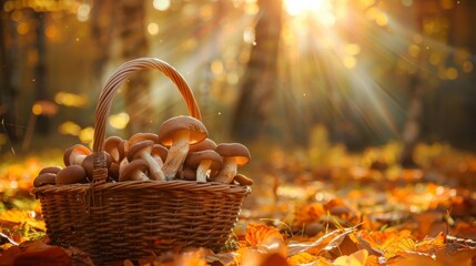 A wicker basket full of edible mushrooms stands on the ground in the autumn forest sun rays shining through the trees. Creative banner