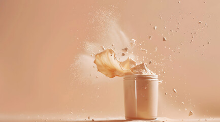 Wall Mural - product shoot of Protein Powder Falling in to a glass. Clean Pink Background. - Motion shot