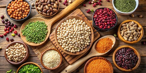 Wall Mural - Assorted legumes including lentils, chickpeas, and beans on a wooden cutting board , legumes, lentils, chickpeas, beans