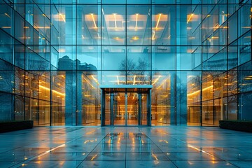 Crop the image to create a visually pleasing composition, focusing on the glass facade and reflection. 