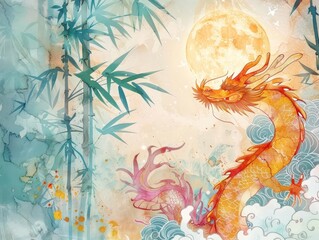 Wall Mural - A dragon is depicted in a painting with a moon in the background. The dragon is orange and has a long tail. The painting has a serene and peaceful mood, with the dragon