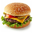 © wolfhound911 - A classic cheeseburger with lettuce, tomato, pickles, and melted cheese, isolated on white background