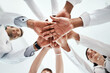 © ClearConcept/peopleimages.com - Hands stack, medical and people at hospital for healthcare support, solidarity and teamwork of workforce motivation. Staff, diversity and collaboration, trust and synergy together for low angle