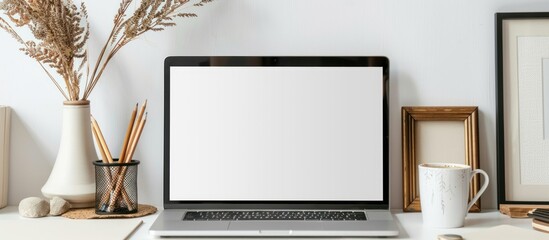 White background of modern workspace. Cropped shot style of modern workspace. Blank screen laptop, pencils, frame, coffee cup and vase on the table.