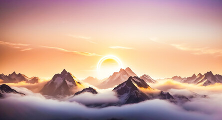 Canvas Print - Sunrise Over Snowy Mountain Peaks