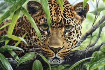 Intense gaze of a jungle leopard among lush foliage