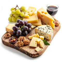 A rustic wooden board with slices of different types of cheese, grapes, and nuts, isolated on white background