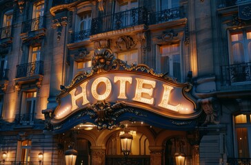 Canvas Print - Illuminated Hotel Sign Above Entrance in Paris at Dusk