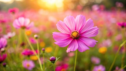 Wall Mural - Pink cosmos flower blooming in a field , pink, cosmos, flower, blooms, field, nature, garden, vibrant, colorful, petals, landscape