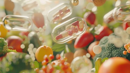 Detailed view of transparent medicine capsules suspended in mid-air amidst a variety of fresh fruits and vegetables, symbolizing the importance of natural remedies