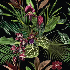 Wall Mural - Tropical floral seamless pattern with orchids and protea flowers.