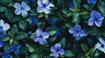 Wall Mural - Periwinkle blossoms and leafy greenery