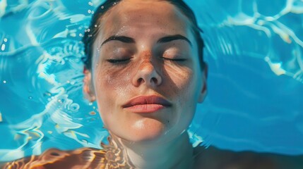 aquatic serenity womans face emerging from clear blue pool tranquil summer vacation concept photo