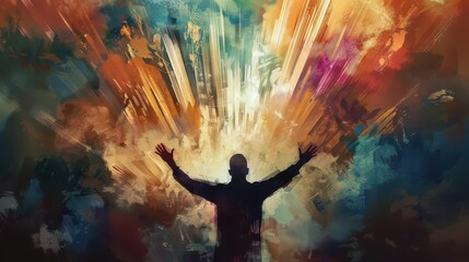 Wall Mural - artistic depiction of a man raising hands in worship spiritual religious concept illustration