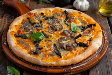 Wall Mural - Delicious homemade pizza with mushrooms, cheese, and basil on wooden table