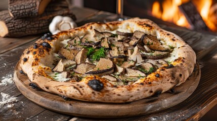 Wall Mural - Gourmet wood-fired truffle pizza with fresh herbs