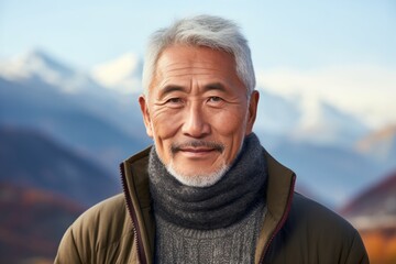 Canvas Print - Portrait of a tender asian man in his 60s dressed in a warm wool sweater on backdrop of mountain peaks