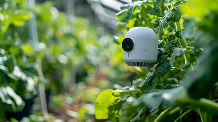 Close-up of a security camera installed among vibrant green plants in a greenhouse or garden setting.