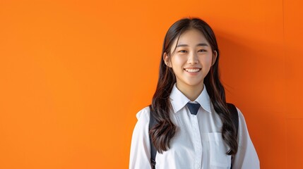 With a confident stride and a radiant smile, an Asian student in uniform walks towards the camera against a dynamic orange background. Her positive energy and determined expression reflect ambition