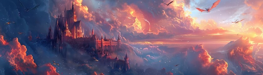 Wall Mural - A colorful sky with a castle in the background