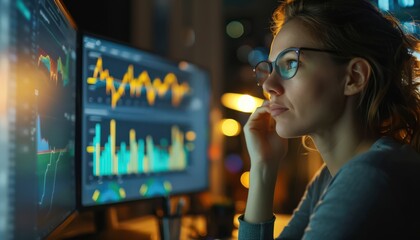 Wall Mural - Pensive businesswoman looking at multiple computer screens with graphs and charts analyzing financial data