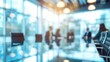 © Bijac - corporate synergy panoramic view of modern boardroom with blurred executives business stock photography