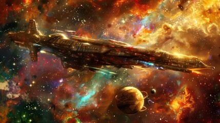 Wall Mural - cosmic journey majestic space vessel traversing a vivid nebula with distant planets and stars digita