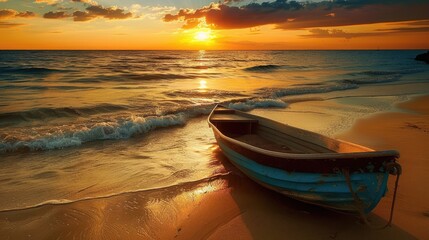 Wall Mural - Sunset scene with a boat on a sandy beach