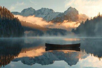 Wall Mural - serene mountain lake at dawn misty peaks reflected lone canoe warm golden light tranquil atmosphere