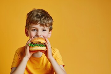 Poster - Little boy eating a hamburger on a background with copy space. The boy eating a hamburger. Juicy hamburger.