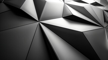 Wall Mural - Black white abstract background. Geometric shape. Lines, triangles. 3d effect. Light, glow, shadow. Gradient. Dark grey, silver. Modern, futuristic