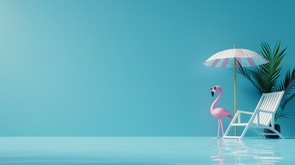 Pink flamingo by a poolside chair under a parasol, creating a vibrant tropical summer scene with blue background and calming vibe.