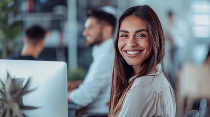 Wall Mural - Smiling woman working in a modern office. She is focused on her work and appears happy and comfortable in the workspace. Professional environment captured in high resolution. AI