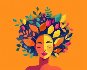 Afro woman with leaves in hair and eyes closed in beauty and nature concept illustration