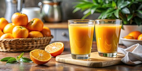 Wall Mural - Fresh orange juice with whole oranges.