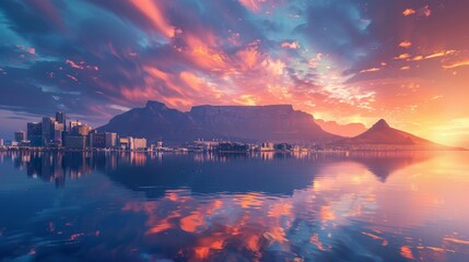 Wall Mural - Cape Town city CBD and table mountain in the background during sunset, South Africa